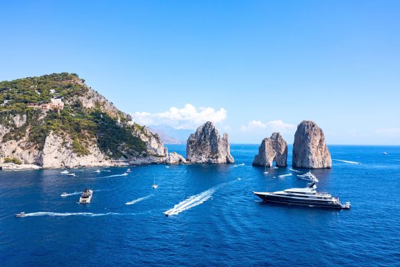 Capri and Faraglioni rocks off Amalfi Coast, Italy