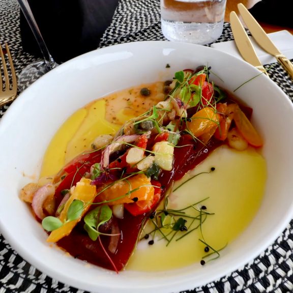 Our first lunch onboard motor yacht OLGA - red fish with grilled vegetables in olive oil and herbs
