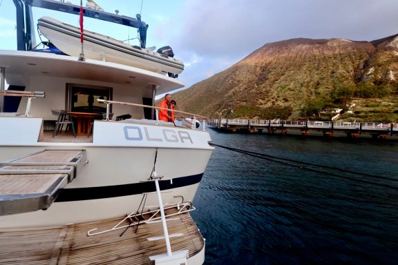 Motor yacht Olga moored at Vulcano Island, Aeolian Islands, Sicily