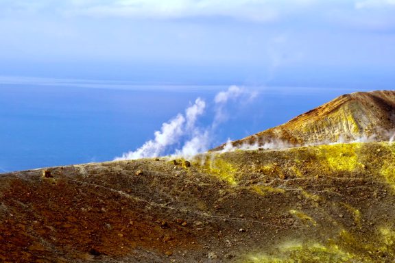 View over the smoking ridge of Vulcano Island in the Aeolian Islands, Sicily