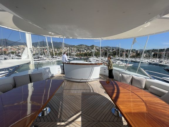 Sun deck and dining spaces on motor yacht PENELOPE